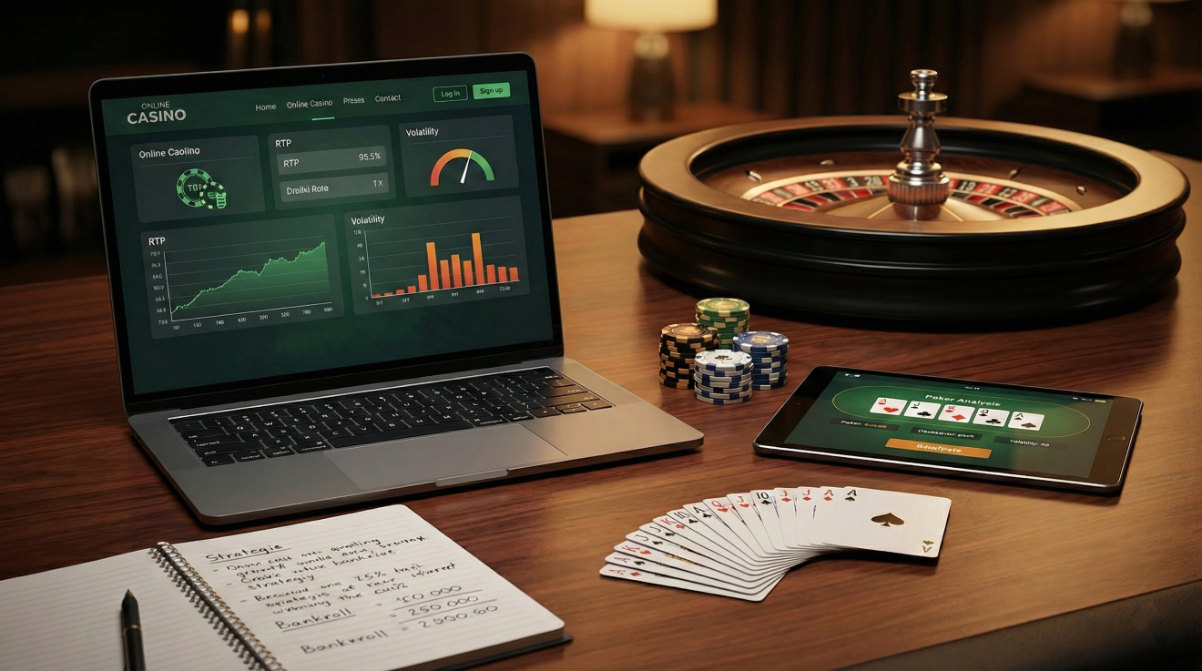 Рабочее место профессионального гемблера: ноутбук с графиками RTP и волатильности, планшет с онлайн-покером, карты, фишки и блокнот со стратегиями управления банкроллом.